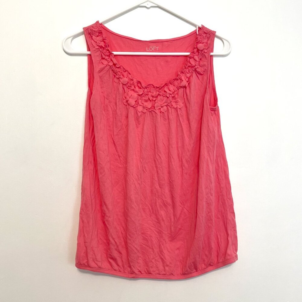 ANN TAYLOR LOFT Bright Pink 3D Flower Applique Floral Trim Sleeveless Blouse Top